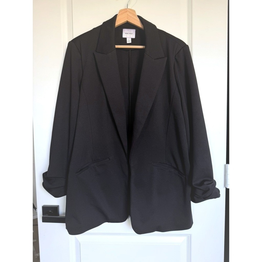 Nine West Womens Black Ruched 3/4 Sleeve Open Front Blazer Jacket Large - Picture 2 of 10